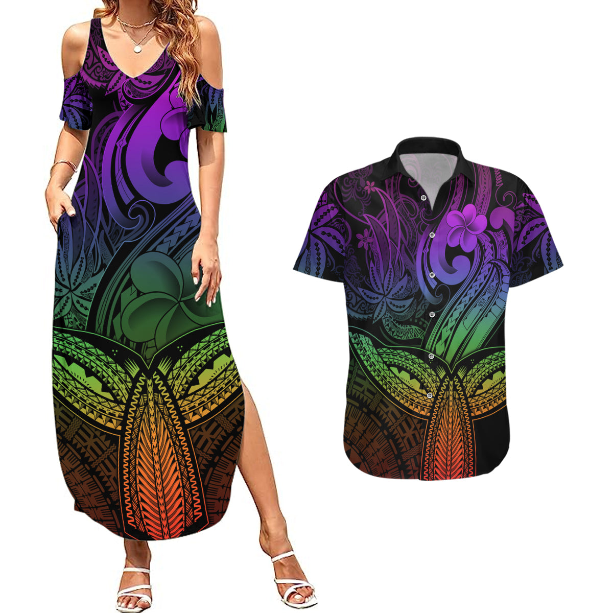 Polynesia Couples Matching Summer Maxi Dress and Hawaiian Shirt Whale Tale and Polynesian Sunset Plumeria Rainbow LT9 - Wonder Print Shop