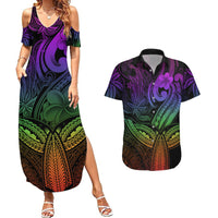 Polynesia Couples Matching Summer Maxi Dress and Hawaiian Shirt Whale Tale and Polynesian Sunset Plumeria Rainbow LT9 - Wonder Print Shop