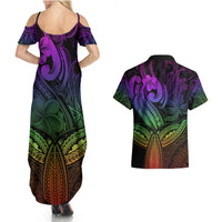 Polynesia Couples Matching Summer Maxi Dress and Hawaiian Shirt Whale Tale and Polynesian Sunset Plumeria Rainbow LT9 - Wonder Print Shop