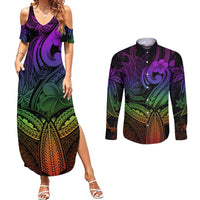 Polynesia Couples Matching Summer Maxi Dress and Long Sleeve Button Shirts Whale Tale and Polynesian Sunset Plumeria Rainbow LT9 - Wonder Print Shop