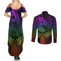 Polynesia Couples Matching Summer Maxi Dress and Long Sleeve Button Shirts Whale Tale and Polynesian Sunset Plumeria Rainbow LT9 - Wonder Print Shop