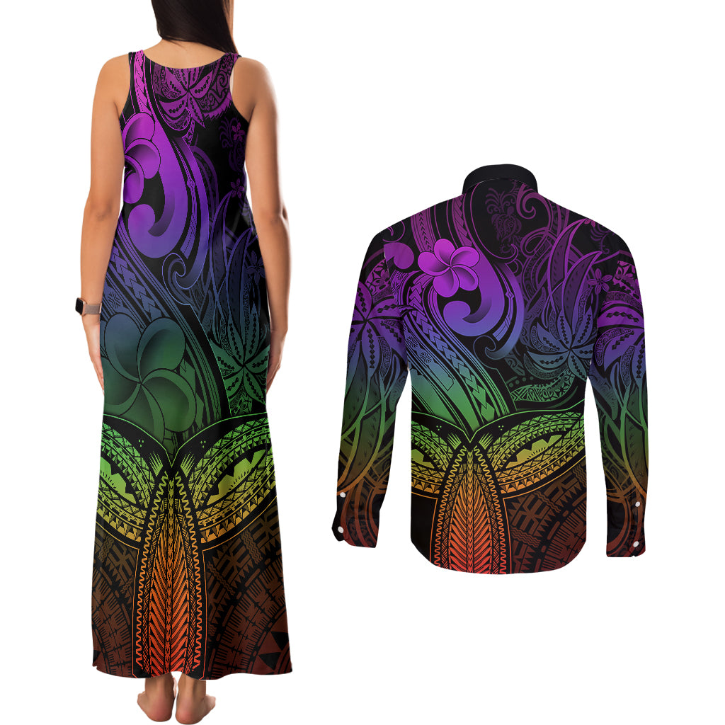 Polynesia Couples Matching Tank Maxi Dress and Long Sleeve Button Shirts Whale Tale and Polynesian Sunset Plumeria Rainbow LT9 - Wonder Print Shop