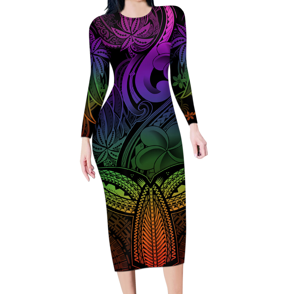 Polynesia Long Sleeve Bodycon Dress Whale Tale and Polynesian Sunset Plumeria Rainbow - Wonder Print Shop