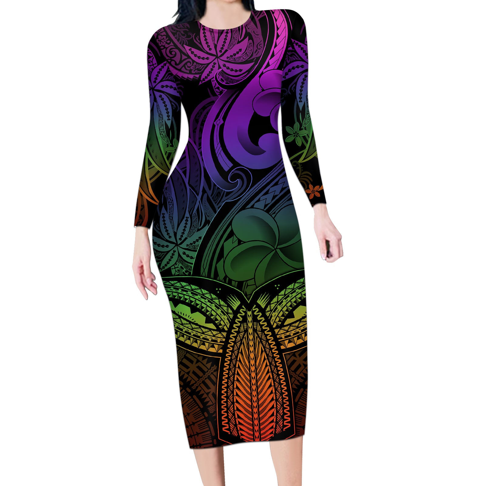 Polynesia Long Sleeve Bodycon Dress Whale Tale and Polynesian Sunset Plumeria Rainbow - Wonder Print Shop