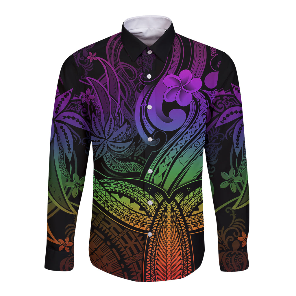 Polynesia Long Sleeve Button Shirt Whale Tale and Polynesian Sunset Plumeria Rainbow - Wonder Print Shop