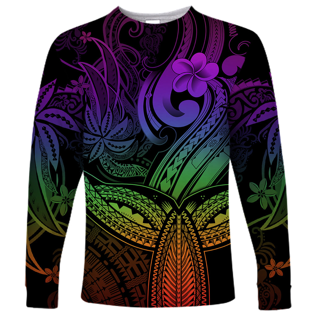 Polynesia Long Sleeve Shirt Whale Tale and Polynesian Sunset Plumeria Rainbow - Wonder Print Shop