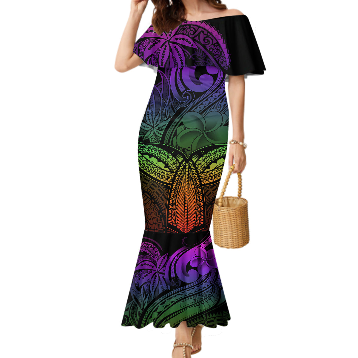 Polynesia Mermaid Dress Whale Tale and Polynesian Sunset Plumeria Rainbow - Wonder Print Shop