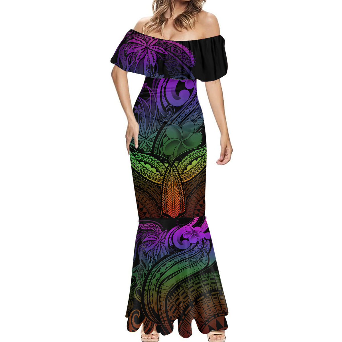 Polynesia Mermaid Dress Whale Tale and Polynesian Sunset Plumeria Rainbow - Wonder Print Shop