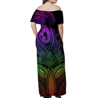 Polynesia Off Shoulder Maxi Dress Whale Tale and Polynesian Sunset Plumeria Rainbow - Wonder Print Shop