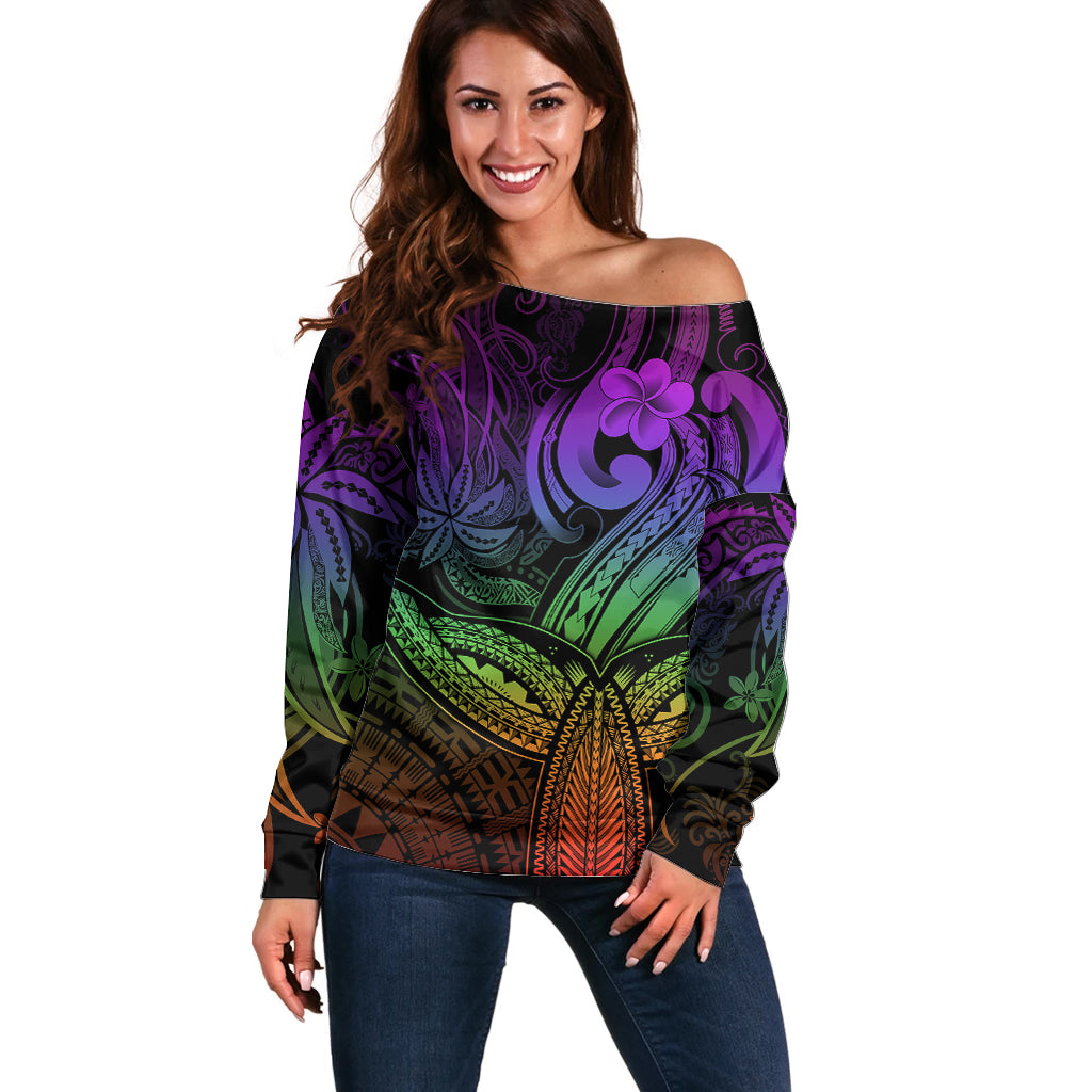 Polynesia Off Shoulder Sweater Whale Tale and Polynesian Sunset Plumeria Rainbow - Wonder Print Shop