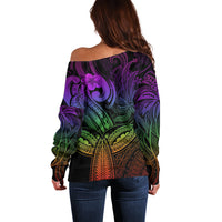 Polynesia Off Shoulder Sweater Whale Tale and Polynesian Sunset Plumeria Rainbow - Wonder Print Shop