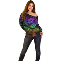 Polynesia Off Shoulder Sweater Whale Tale and Polynesian Sunset Plumeria Rainbow - Wonder Print Shop