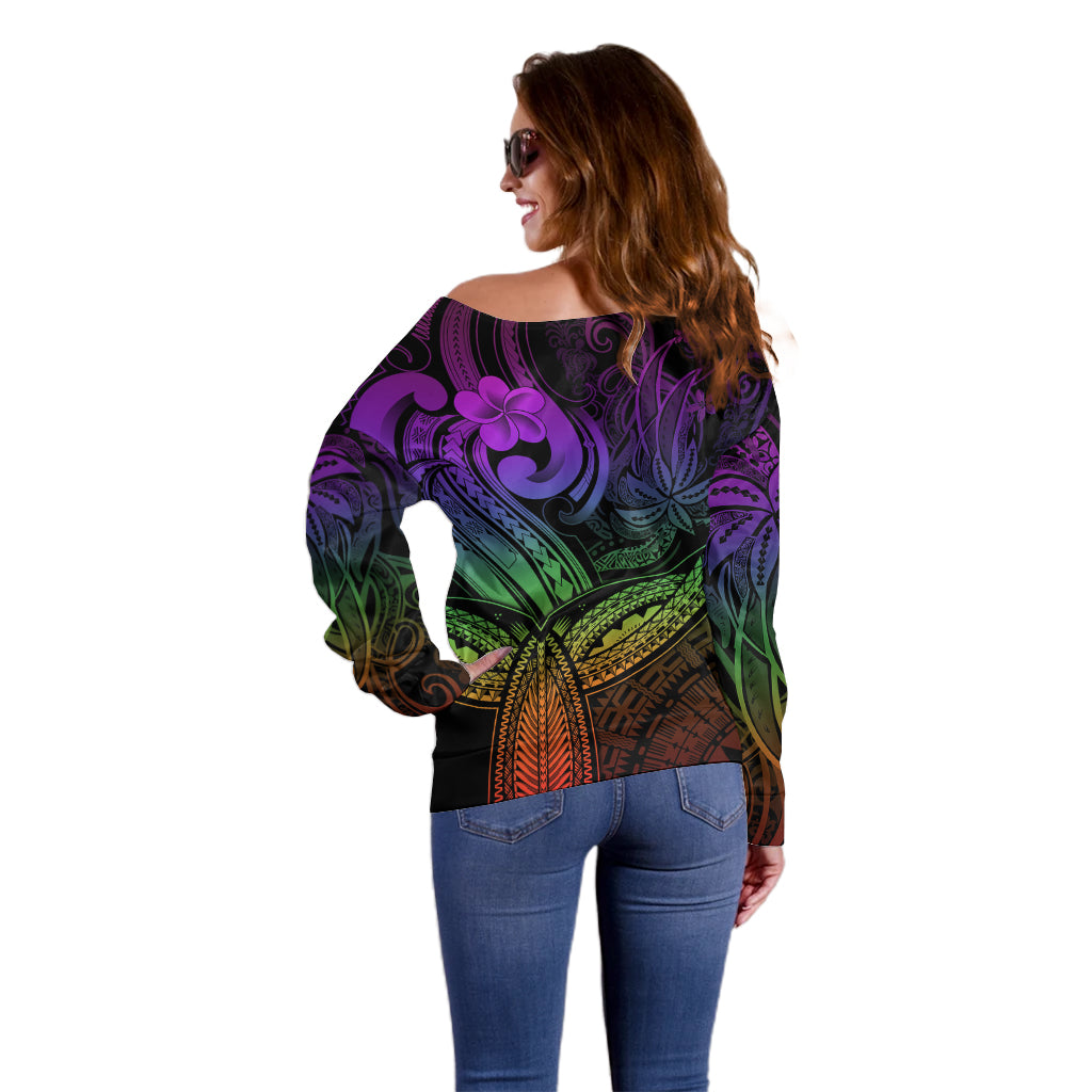 Polynesia Off Shoulder Sweater Whale Tale and Polynesian Sunset Plumeria Rainbow - Wonder Print Shop