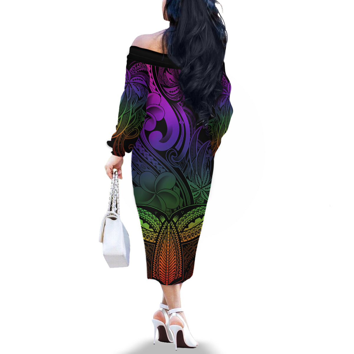 Polynesia Off The Shoulder Long Sleeve Dress Whale Tale and Polynesian Sunset Plumeria Rainbow - Wonder Print Shop