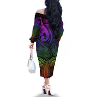 Polynesia Off The Shoulder Long Sleeve Dress Whale Tale and Polynesian Sunset Plumeria Rainbow - Wonder Print Shop