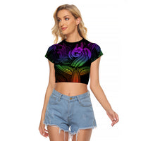 Polynesia Raglan Cropped T Shirt Whale Tale and Polynesian Sunset Plumeria Rainbow - Wonder Print Shop