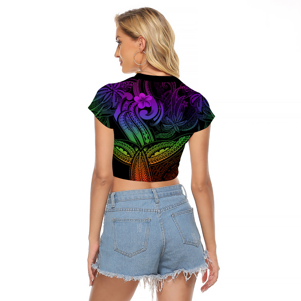 Polynesia Raglan Cropped T Shirt Whale Tale and Polynesian Sunset Plumeria Rainbow - Wonder Print Shop