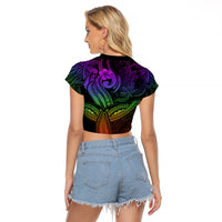 Polynesia Raglan Cropped T Shirt Whale Tale and Polynesian Sunset Plumeria Rainbow - Wonder Print Shop