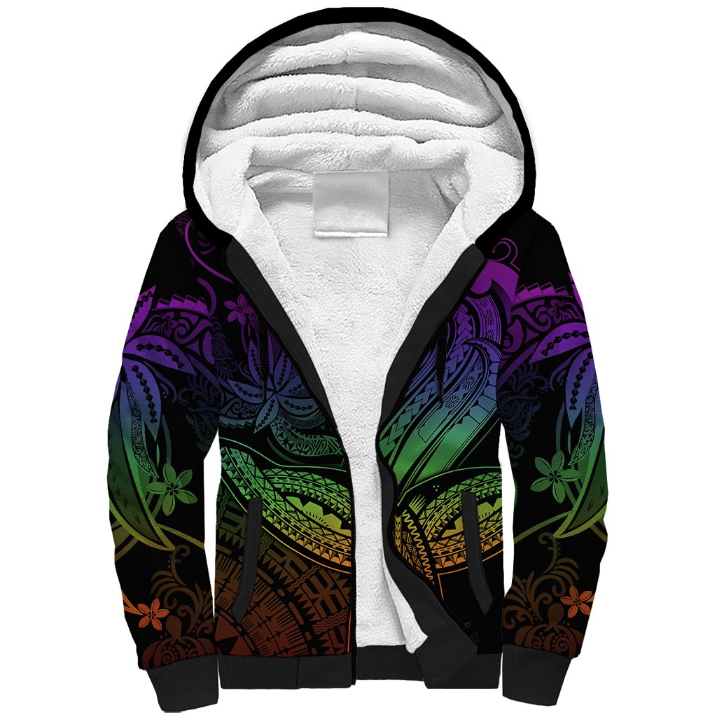 Polynesia Sherpa Hoodie Whale Tale and Polynesian Sunset Plumeria Rainbow - Wonder Print Shop