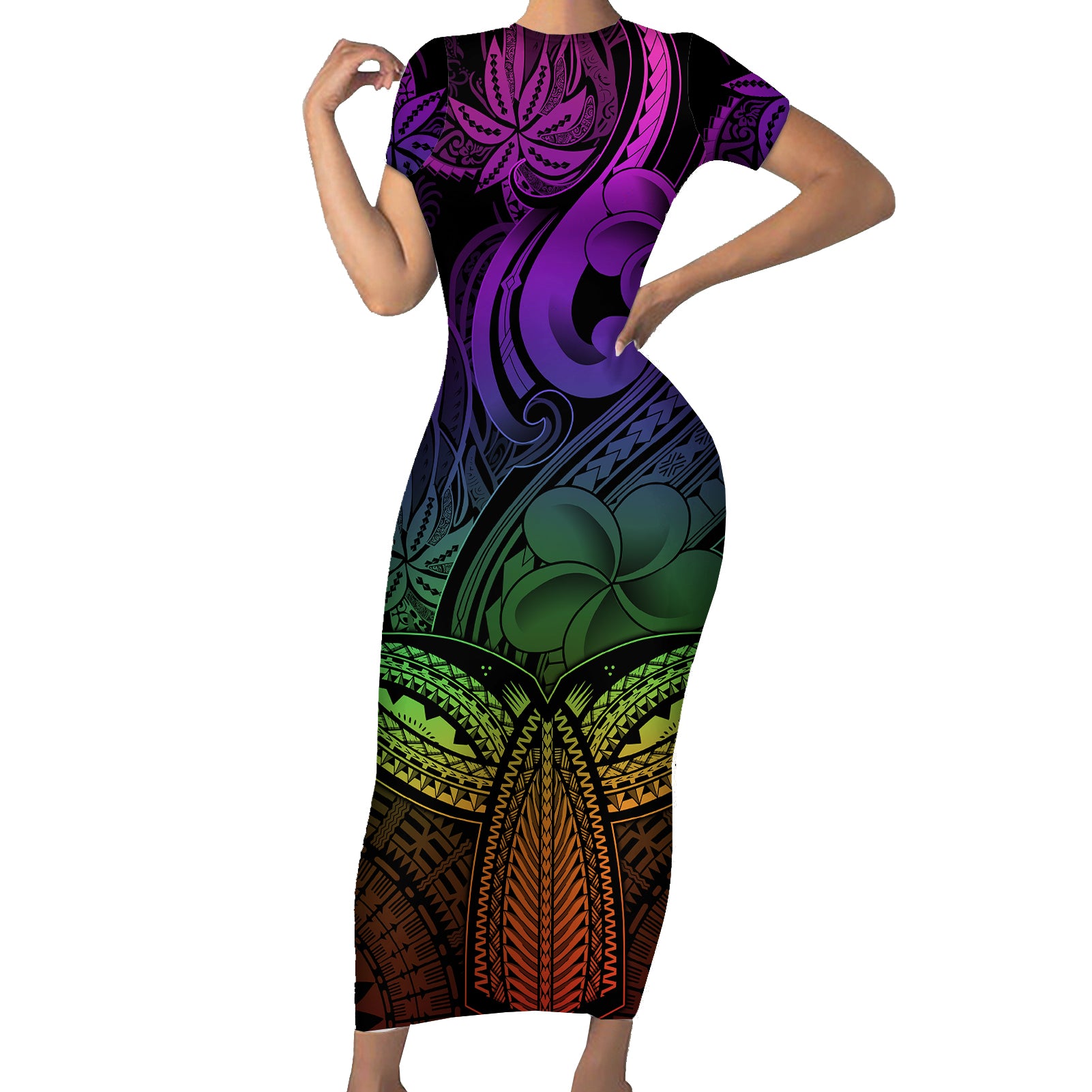 Polynesia Short Sleeve Bodycon Dress Whale Tale and Polynesian Sunset Plumeria Rainbow - Wonder Print Shop