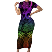 Polynesia Short Sleeve Bodycon Dress Whale Tale and Polynesian Sunset Plumeria Rainbow - Wonder Print Shop