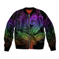 Polynesia Sleeve Zip Bomber Jacket Whale Tale and Polynesian Sunset Plumeria Rainbow - Wonder Print Shop