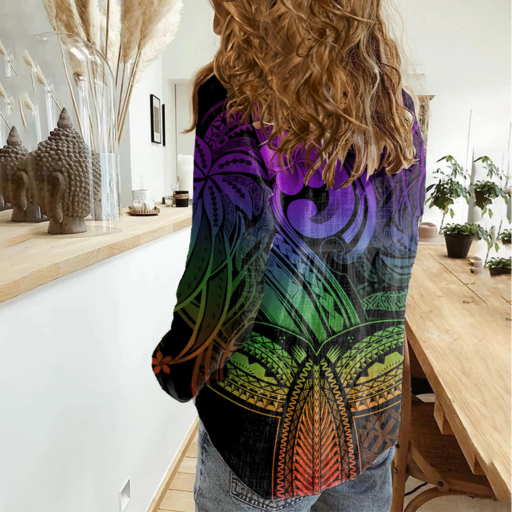Polynesia Women Casual Shirt Whale Tale and Polynesian Sunset Plumeria Rainbow - Wonder Print Shop