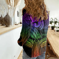 Polynesia Women Casual Shirt Whale Tale and Polynesian Sunset Plumeria Rainbow - Wonder Print Shop