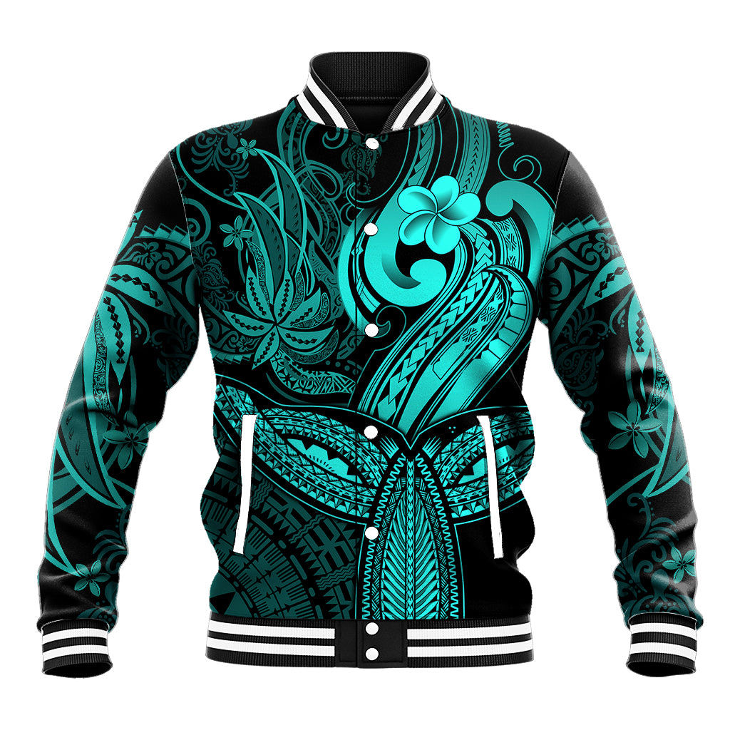 Polynesia Baseball Jacket Whale Tale and Polynesian Sunset Plumeria Turquoise LT9 - Wonder Print Shop