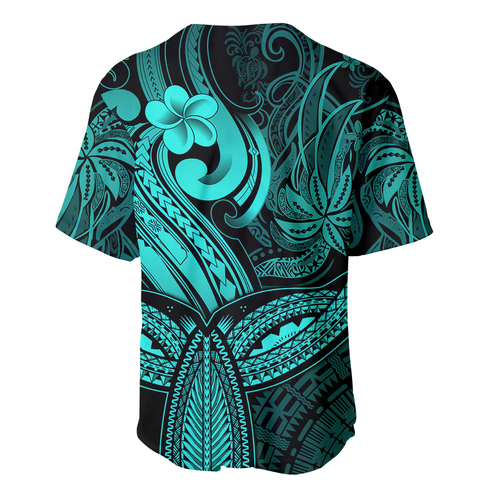 Polynesia Baseball Jersey Whale Tale and Polynesian Sunset Plumeria Turquoise LT9 - Wonder Print Shop