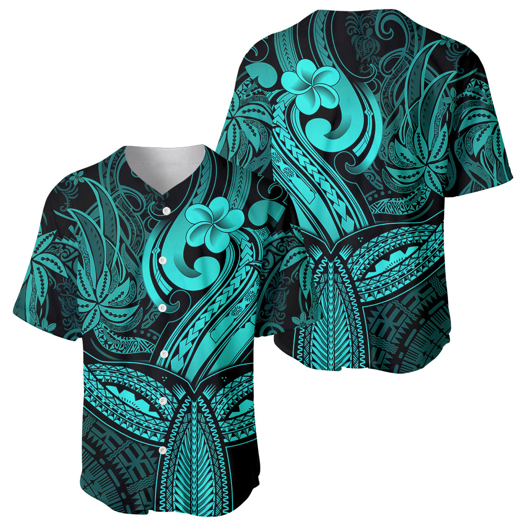 Polynesia Baseball Jersey Whale Tale and Polynesian Sunset Plumeria Turquoise LT9 - Wonder Print Shop