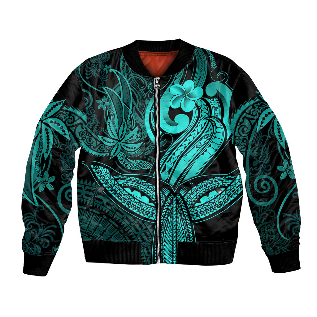 Polynesia Bomber Jacket Whale Tale and Polynesian Sunset Plumeria Turquoise LT9 - Wonder Print Shop