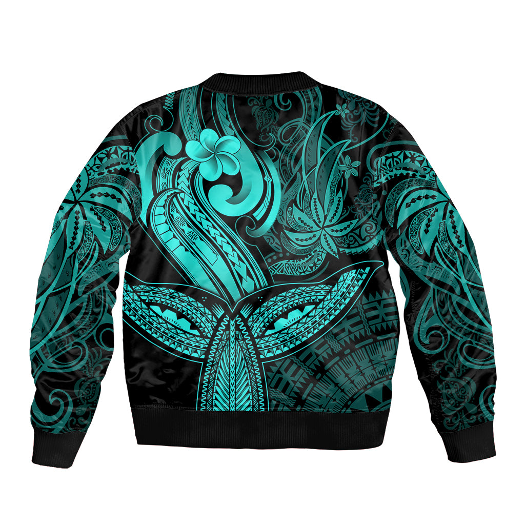 Polynesia Bomber Jacket Whale Tale and Polynesian Sunset Plumeria Turquoise LT9 - Wonder Print Shop