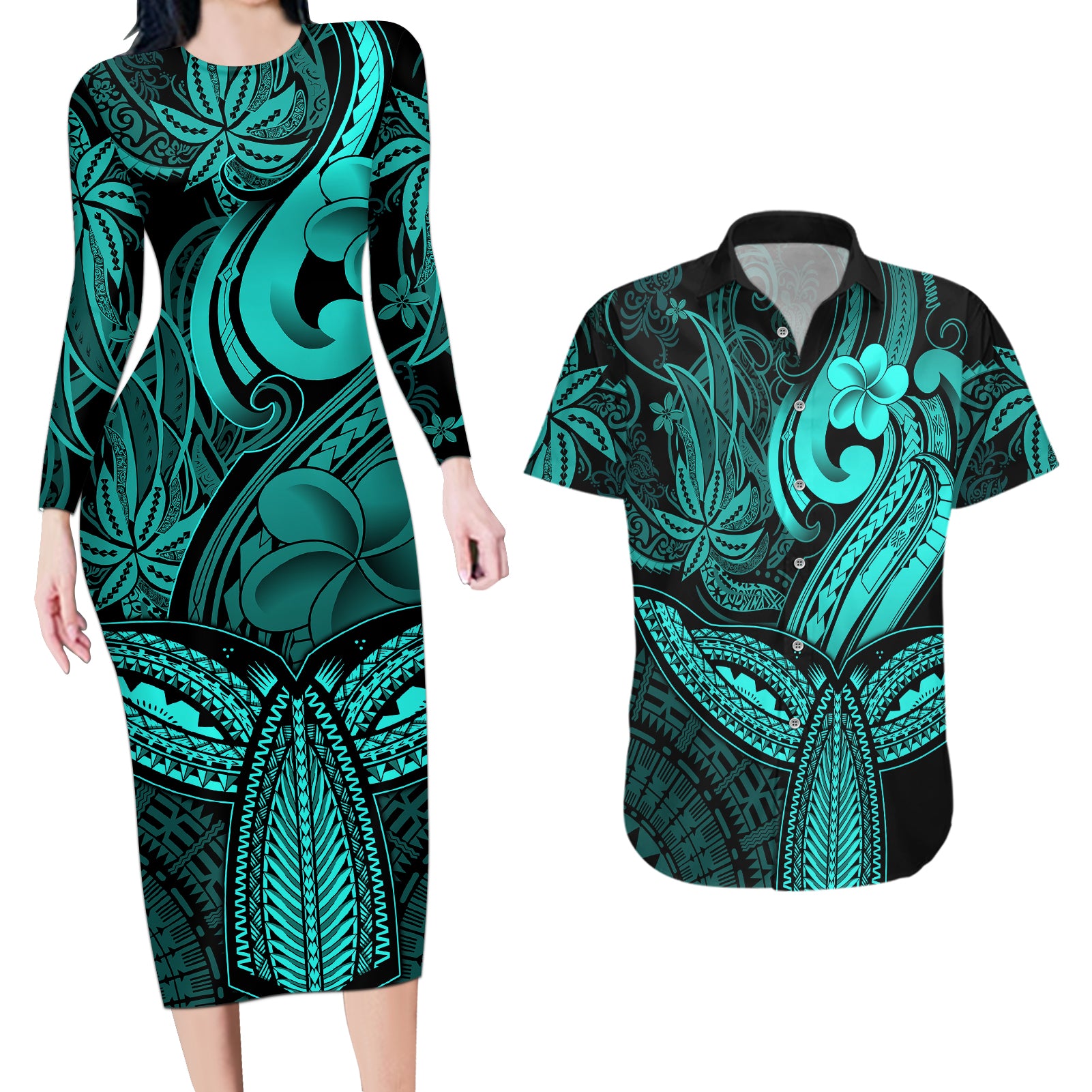 Polynesia Couples Matching Long Sleeve Bodycon Dress and Hawaiian Shirt Whale Tale and Polynesian Sunset Plumeria Turquoise LT9 - Wonder Print Shop