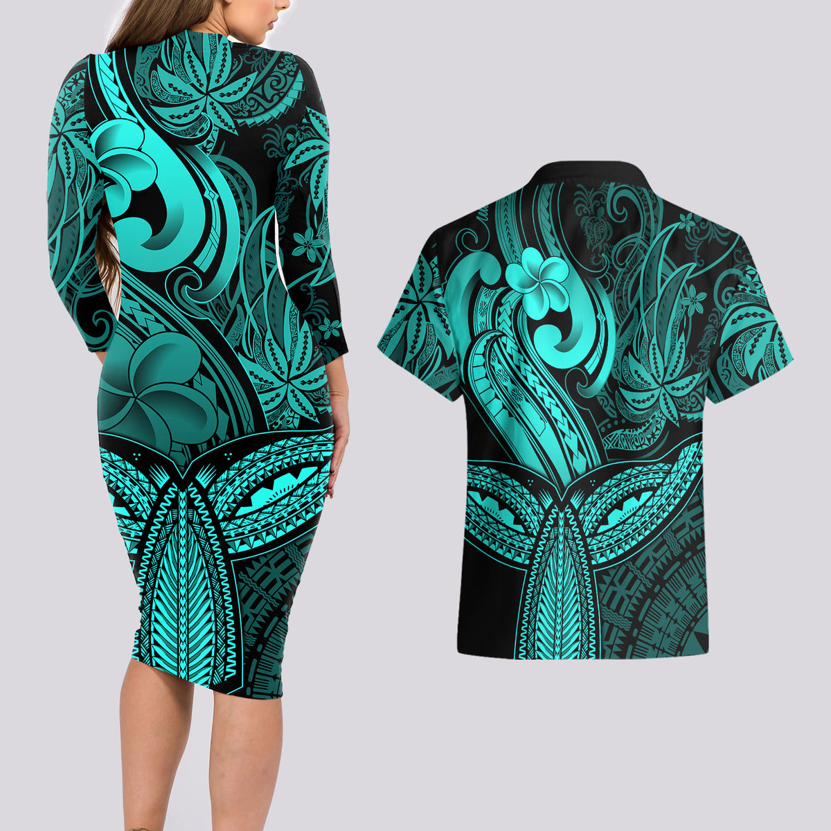 Polynesia Couples Matching Long Sleeve Bodycon Dress and Hawaiian Shirt Whale Tale and Polynesian Sunset Plumeria Turquoise LT9 - Wonder Print Shop