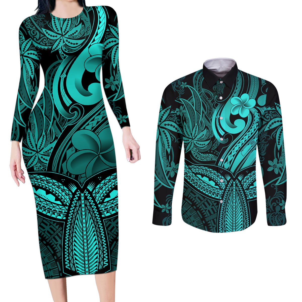 Polynesia Couples Matching Long Sleeve Bodycon Dress and Long Sleeve Button Shirts Whale Tale and Polynesian Sunset Plumeria Turquoise LT9 - Wonder Print Shop