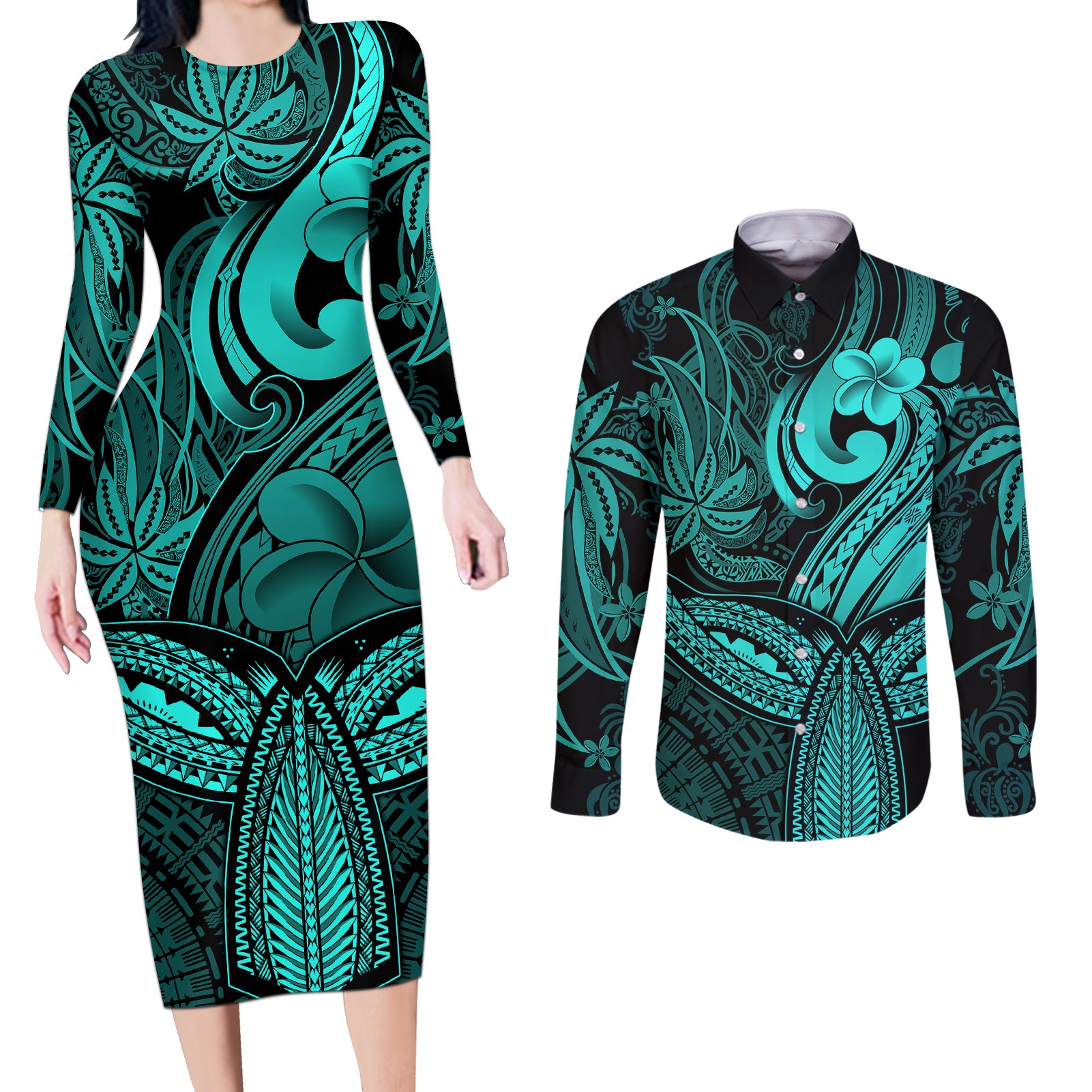 Polynesia Couples Matching Long Sleeve Bodycon Dress and Long Sleeve Button Shirts Whale Tale and Polynesian Sunset Plumeria Turquoise LT9 - Wonder Print Shop