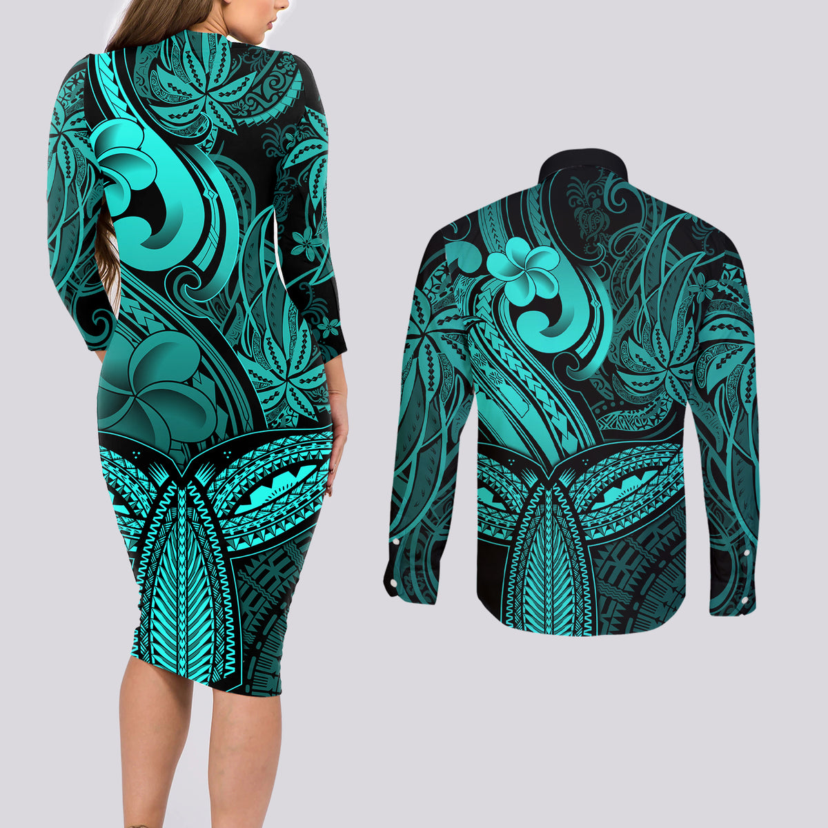 Polynesia Couples Matching Long Sleeve Bodycon Dress and Long Sleeve Button Shirts Whale Tale and Polynesian Sunset Plumeria Turquoise LT9 - Wonder Print Shop