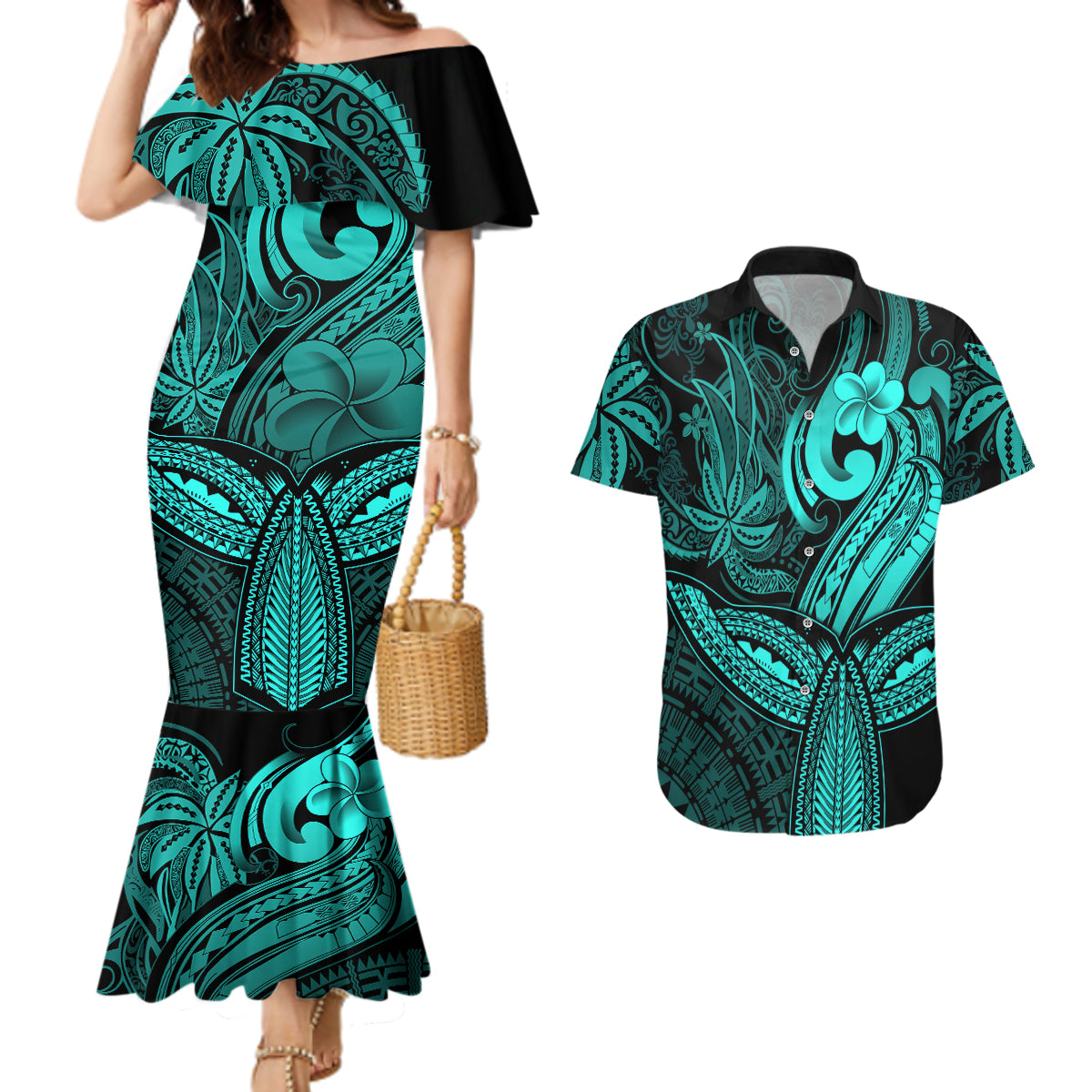 Polynesia Couples Matching Mermaid Dress and Hawaiian Shirt Whale Tale and Polynesian Sunset Plumeria Turquoise LT9 - Wonder Print Shop