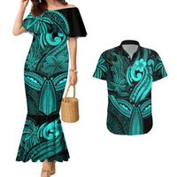 Polynesia Couples Matching Mermaid Dress and Hawaiian Shirt Whale Tale and Polynesian Sunset Plumeria Turquoise LT9 - Wonder Print Shop