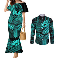 polynesia-couples-matching-mermaid-dress-and-long-sleeve-button-shirts-whale-tale-and-polynesian-sunset-plumeria-turquoise