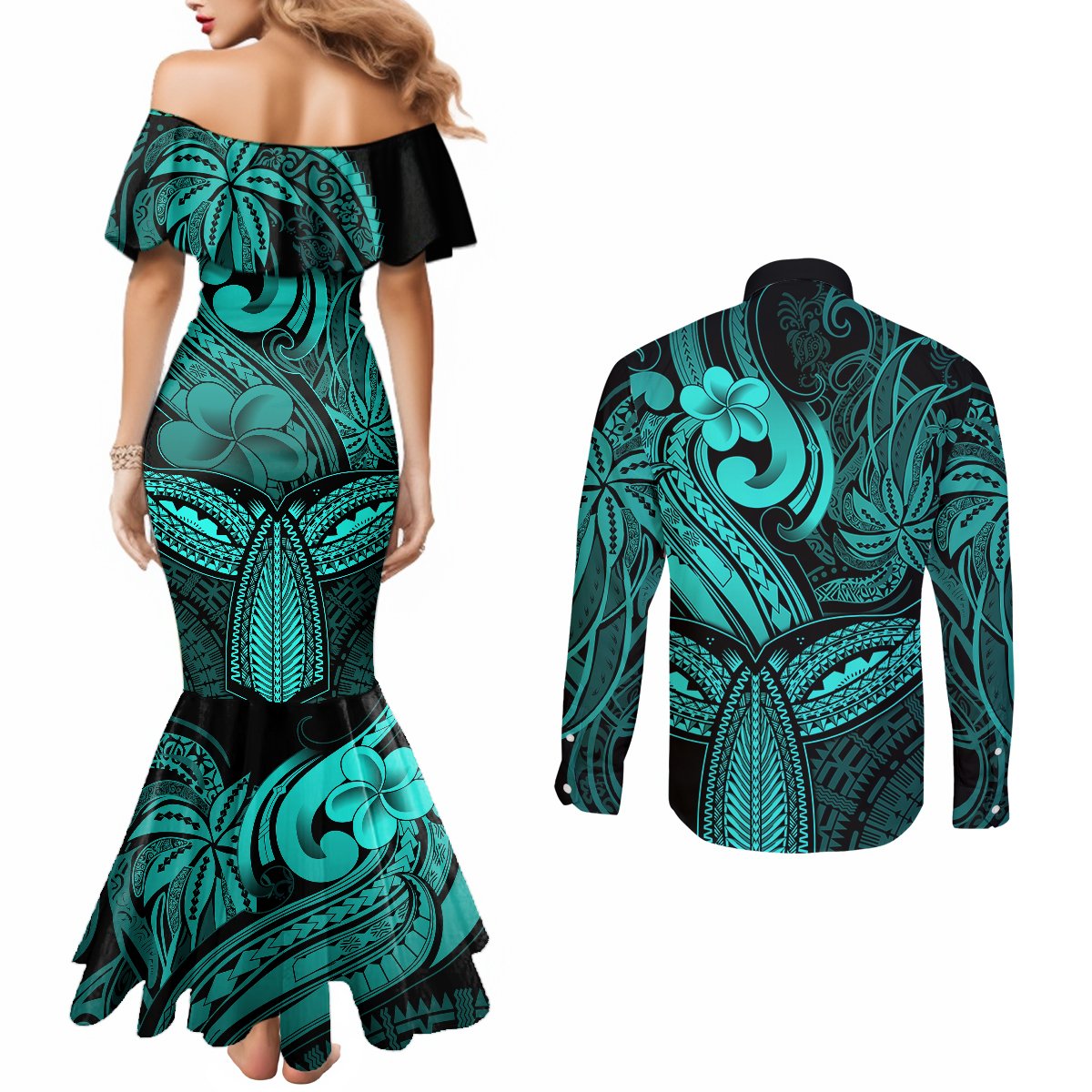 polynesia-couples-matching-mermaid-dress-and-long-sleeve-button-shirts-whale-tale-and-polynesian-sunset-plumeria-turquoise