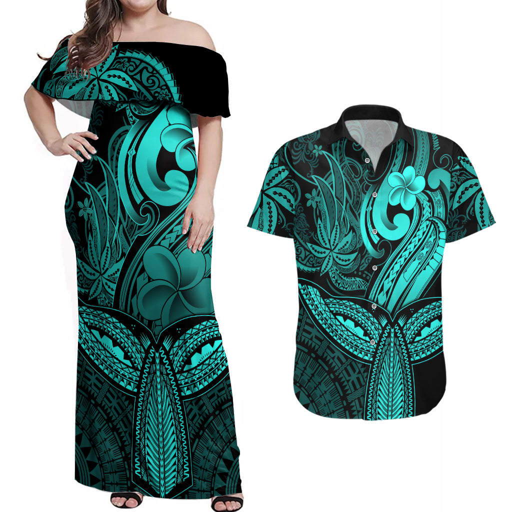 Polynesia Couples Matching Off Shoulder Maxi Dress and Hawaiian Shirt Whale Tale and Polynesian Sunset Plumeria Turquoise LT9 - Wonder Print Shop