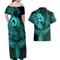 Polynesia Couples Matching Off Shoulder Maxi Dress and Hawaiian Shirt Whale Tale and Polynesian Sunset Plumeria Turquoise LT9 - Wonder Print Shop