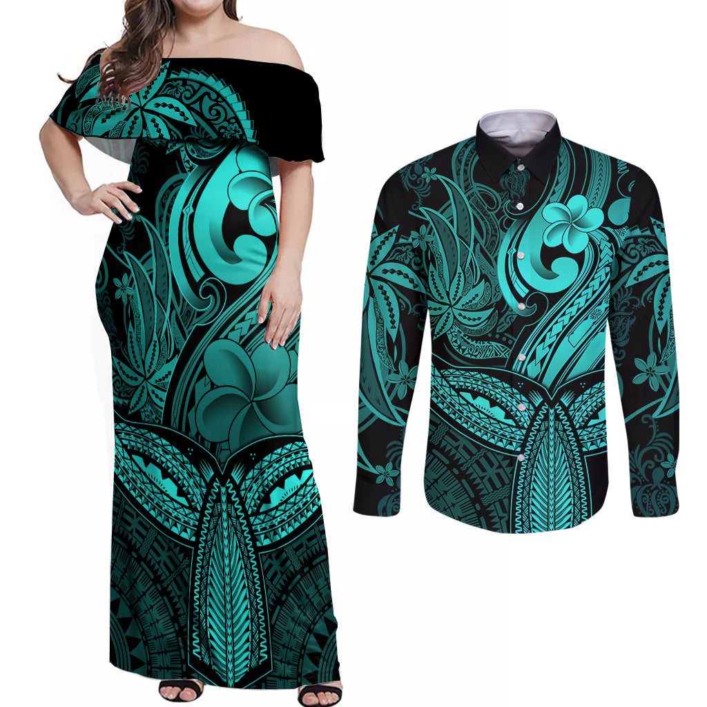 Polynesia Couples Matching Off Shoulder Maxi Dress and Long Sleeve Button Shirts Whale Tale and Polynesian Sunset Plumeria Turquoise LT9 - Wonder Print Shop