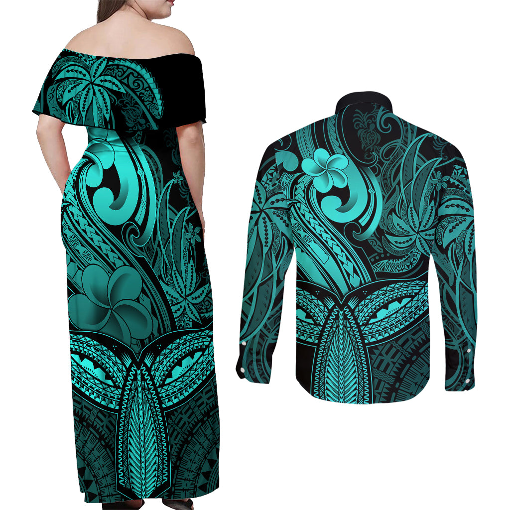 Polynesia Couples Matching Off Shoulder Maxi Dress and Long Sleeve Button Shirts Whale Tale and Polynesian Sunset Plumeria Turquoise LT9 - Wonder Print Shop