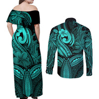 Polynesia Couples Matching Off Shoulder Maxi Dress and Long Sleeve Button Shirts Whale Tale and Polynesian Sunset Plumeria Turquoise LT9 - Wonder Print Shop