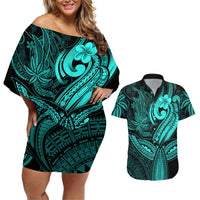 Polynesia Couples Matching Off Shoulder Short Dress and Hawaiian Shirt Whale Tale and Polynesian Sunset Plumeria Turquoise LT9 - Wonder Print Shop