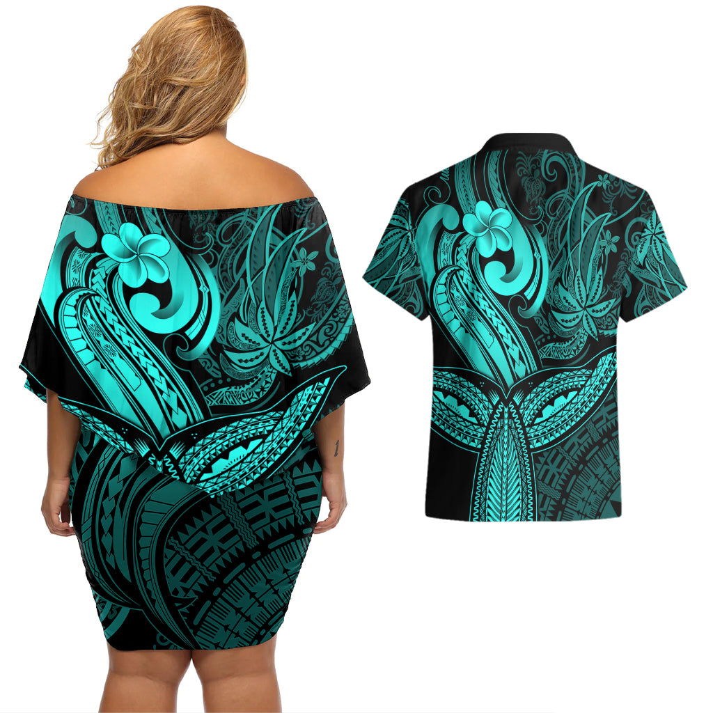 Polynesia Couples Matching Off Shoulder Short Dress and Hawaiian Shirt Whale Tale and Polynesian Sunset Plumeria Turquoise LT9 - Wonder Print Shop