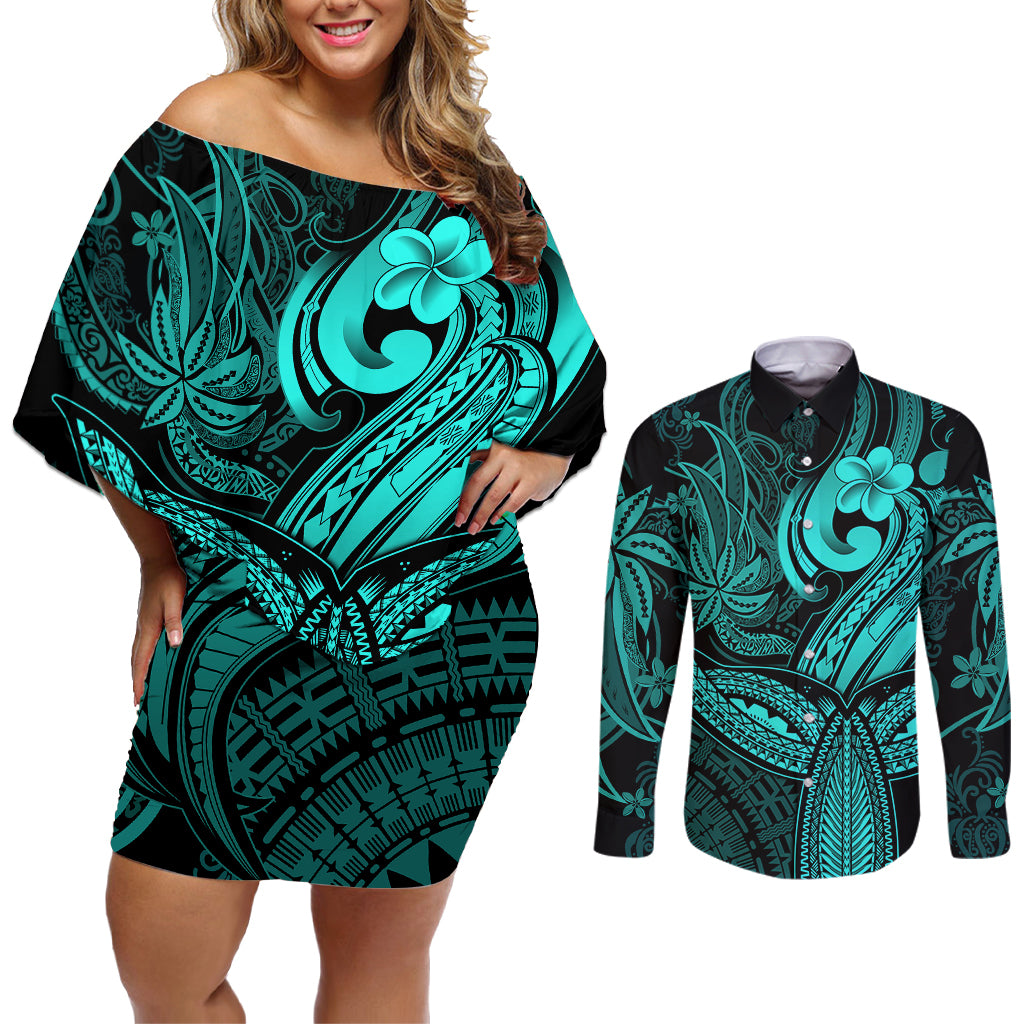 Polynesia Couples Matching Off Shoulder Short Dress and Long Sleeve Button Shirts Whale Tale and Polynesian Sunset Plumeria Turquoise LT9 - Wonder Print Shop